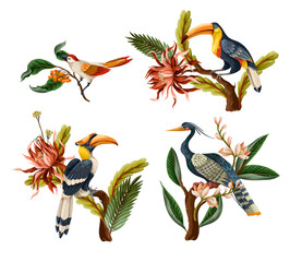 Birds and tropical leaves and flowers isolated. Vector. © Yumeee