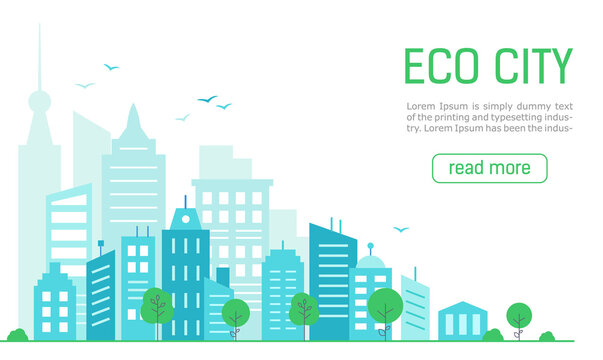 Landing page ecological green city. Panorama green city in flat style. Urban landscape. Vector illustration.