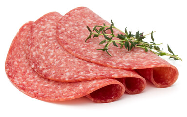 Salami smoked sausage slices isolated on white background