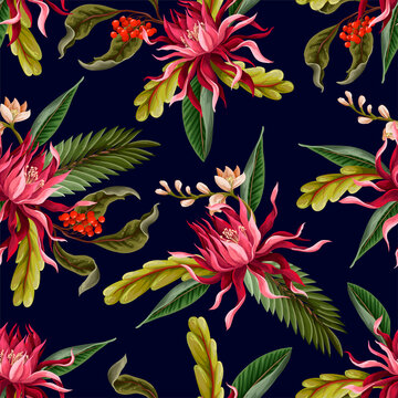 Seamless pattern with tropical leaves and flowers. Vector.