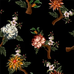 Fotobehang Ornate seamless pattern with vintage peonies, roses and .chrysanthemums. Vector. © Yumeee