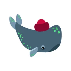 Foto op Canvas A whale in a red cap. Whale children's vector illustration hand-drawn. Cute funny whale. For baby room decor prints, for baby clothes patterns, postcard, invitation © Татьяна Горбатюк