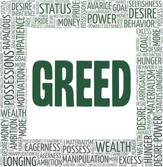 Obraz premium Greed vector illustration word cloud isolated on a white background.