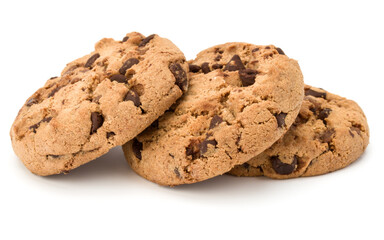 Three Chocolate chip cookies isolated on white background. Sweet biscuits. Homemade pastry.