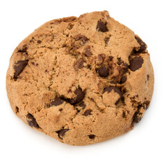 One Chocolate chip cookie isolated on white background. Sweet biscuit. Homemade pastry.