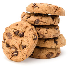 Stacked Chocolate chip cookies isolated on white background. Sweet biscuits. Homemade pastry.
