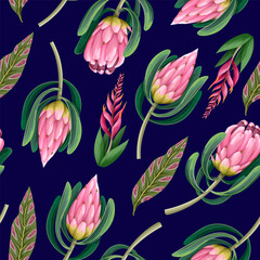 Seamless pattern with proteas flowers. Trendy floral vector print.