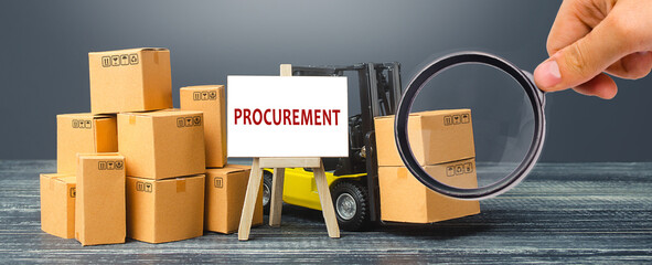 Yellow Forklift truck with cardboard boxes and stand with the word Procurement. Logistics,...
