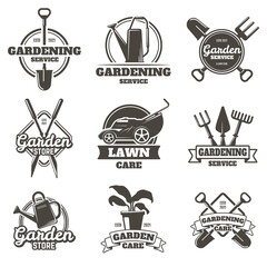 Gardening emblems. Vintage gardening, lawn care, groundwork and landscaping badges. Garden work labels isolated vector illustration set. Gardening service, company logo collection