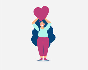 Happy flat female character holding a big red heart. cheerful woman with a white background. Women's or valentine's day card. Girl spreads love concept. Vector illustration. 