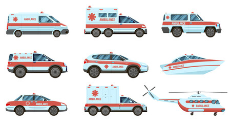 Ambulance emergency vehicles. Official city ambulance cars, helicopter and boat. City emergency service cars vector illustration set. Ambulance car with siren, city emergency vehicle