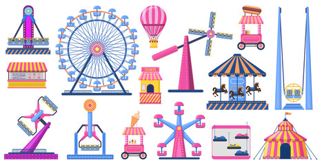 Attractions festive park. Amusement park attractions, ferris wheel, circus tent. Carnival entertainment park vector illustration set. Shooting range ice, cream stall, circus tent outdoor