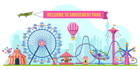 Amusement park landscape. Attractions park ferris wheel, roller coaster and carnival carousel view. Festive park vector illustration. Illustration amusement park, festive carnival with rollercoaster