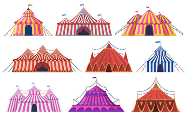Circus tent. Amusement park vintage carnival circus tent with flags, amusement attraction. Circus entertainment tents vector illustration set. Marquee striped dome, recreation entertainment festive - obrazy, fototapety, plakaty