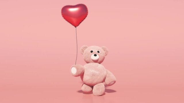 Teddy bear with red heart shaped balloon. on a pink screen. Toy bear walking seamless loop. Animation for Valentines day, birthday. Alpha channel.