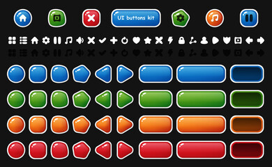 UI buttons icons set. Isolated vector illustration of mobile game sprites. Design for stickers, logo, mobile app. Arcade or match 3 2d game asset. Flat sprite sheet. Constructor with basic ui elements © Serhii
