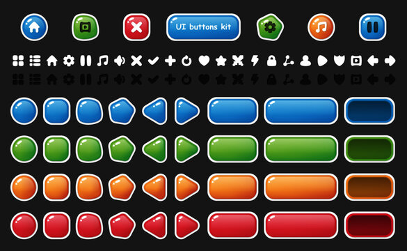 UI buttons icons set. Isolated vector illustration of mobile game sprites. Design for stickers, logo, mobile app. Arcade or match 3 2d game asset. Flat sprite sheet. Constructor with basic ui elements