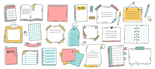 Doodle paper sheet. Hand drawn sketch notebook, bullet journal sheets, sticky note and notepad page. Sketch doodle sheets vector illustration set. Notebook information, reminder message bullet © WinWin