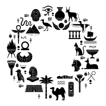 Egyptian ancient symbols. Mythology egypt sacred animals, gods and pyramid silhouettes. Ancient egyptian icons vector illustration set. Mythology culture, egypt pharaoh history black elements