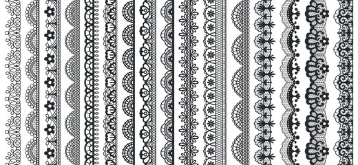 Lace pattern elements. Vintage seamless figured lace borders, beautiful wedding lace decoration. Black lace borders vector illustration set. Seamless black gorgeous stripe, delicate simple pattern - obrazy, fototapety, plakaty