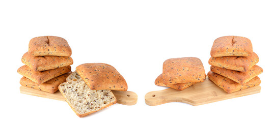Oatmeal bread with flax seeds is isolated on a white background.Selective focus.