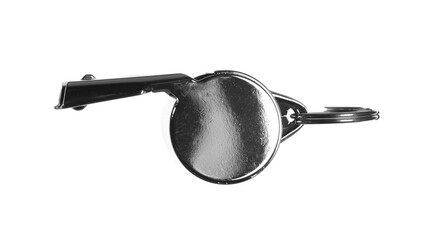Metallic silver sports whistle isolated on white background