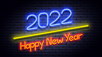 2022 Happy New Year neon signboard on brick wall. Vector illustration.
