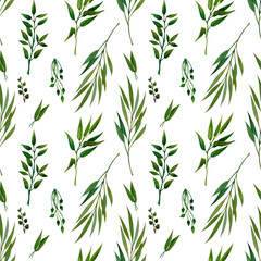 Watercolor seamless pattern of spring leaves