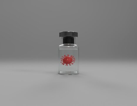 Coronavirus in a bottle, the virus, vaccine, mutant and variant, in a glass bottle, close up and macro of COVID-19