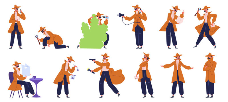 Private detective. Crime investigation detective inspector, spy male character evidence detect. Detective at work vector illustration set. Private detective police, agent with magnifying glass