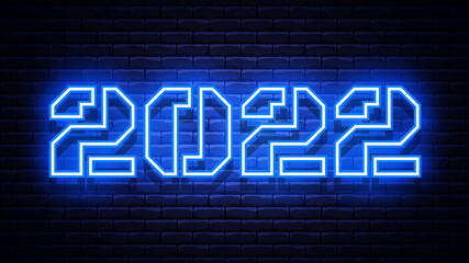 2022 New Year glowing blue neon signboard on brick wall. Vector illustration.