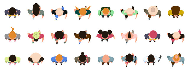 People top view. Male and female characters view from above, walking, standing men and women. Top view people poses vector illustration set. Male and female people top view