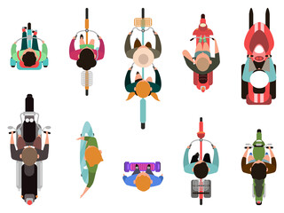 People on vehicles top view. Men and women riding motorcycle, bicycle, scooter and skate. Top view people driving vehicle vector illustration set. Bike ride, transport view top, motorcycle and bicycle