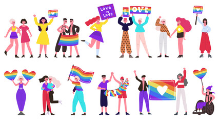 Fototapeta na wymiar Pride parade. Lgbtq community movement, lesbian, gay, bisexual and transgender people group with rainbow flags and hearts. Love parade vector illustration set. Lgbtq rainbow freedom parade for rights