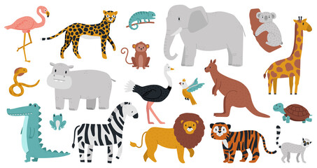 Cute african animals. Wood, jungle or savanna animals, leopard, giraffe, hippo, crocodile and zebra. Wild forest or zoo animals vector illustration set. Giraffe and zebra, wildlife leopard and hippo