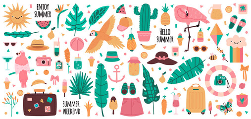 Summer elements. Vacation summertime drinks, fruits, palm leaves, flamingo, parrot and jungle flowers. Cute summer symbols vector illustration set. Exotic tropical palm and lemon, summer cocktail