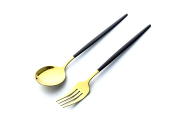 Golden fork and spoon on white background. Flatware for food. Kitchen utensils.