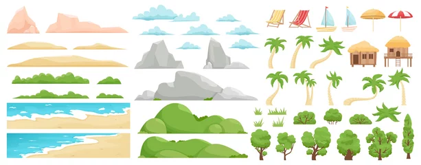 Tuinposter Strand landschapselementen. Natuurstrand, wolken, heuvels, bergen, bomen en palmen. Buiten tropisch strand landschap aannemer vectorillustratie. Strandlandschap zee, bergen en kust © WinWin