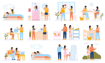 Couple everyday routine. Daily leisure and work activities of young couple, happy family lifestyle. Everyday couple life scenes vector illustration set. Couple routine, woman and man daily activity