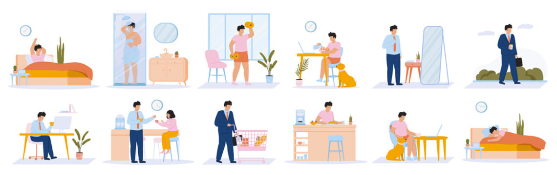 Daily man routine. Young guy everyday leisure and work activities, eating, working, sleeping. Everyday schedule man life scenes vector illustration set