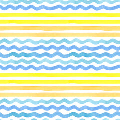 Watercolor lines seamless pattern Desert and Sea. Hand drawn. Blue, yellow and orange color stripes on isolated on white. Good for fabric, textile, wrapping paper, wallpaper, prints