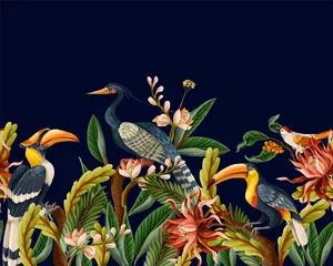  Border with birds and tropical leaves and flowers for interior. Vector. © Yumeee