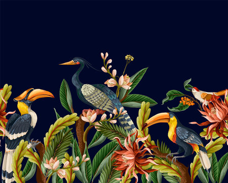 Border With Birds And Tropical Leaves And Flowers For Interior. Vector.