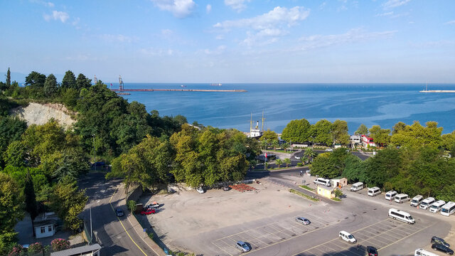 Eregli, Zonguldak, TURKEY - August 31 2019: Zonguldak Eregli summer season sunny day with blue sea sky and fishing shelter from above view.
