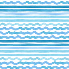 Watercolor lines seamless pattern Sea waves. Hand drawn. Blue color stripes on isolated on white. Good for fabric, textile, wrapping paper, wallpaper, prints