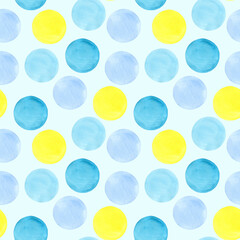 Cute circles seamless pattern Sunny beach. Watercolor rounds, hand drawn. Blue, yellow and orange color circles on light blue background. Good for fabric, textile, wrapping paper, wallpaper, prints