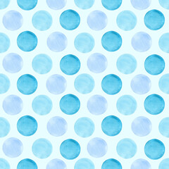 Cute circles seamless pattern Ocean. Watercolor rounds, hand drawn. Blue, yellow and orange color circles on light blue background. Good for children fabric, textile, wrapping paper, wallpaper, prints