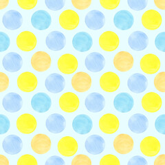 Cute circles seamless pattern. Watercolor rounds, hand drawn. Blue, yellow and orange color circles on light blue background. Good for children fabric, textile, wrapping paper, wallpaper, prints