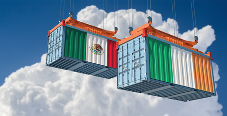 Freight containers with Mexico and Ireland flag. 3D Rendering 