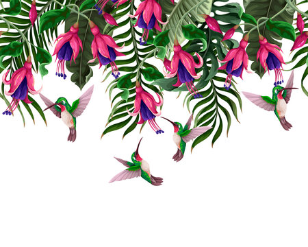 Border with hummingbirds and tropical flowers. Trendy vector print.